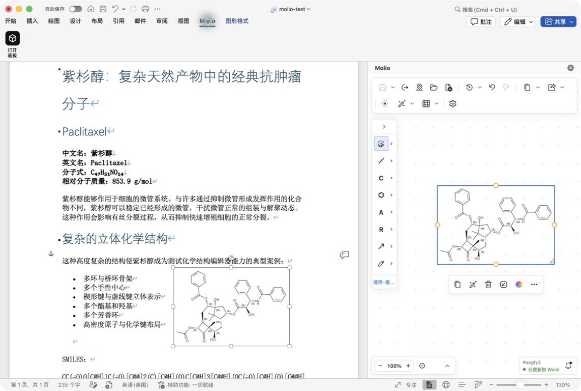 Molio 在 macOS Word 中的真实加载项界面，文档与分子画板并排显示